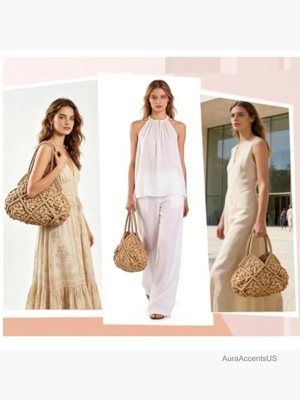 Crochet Floral Panel Hobo Bag in Beige